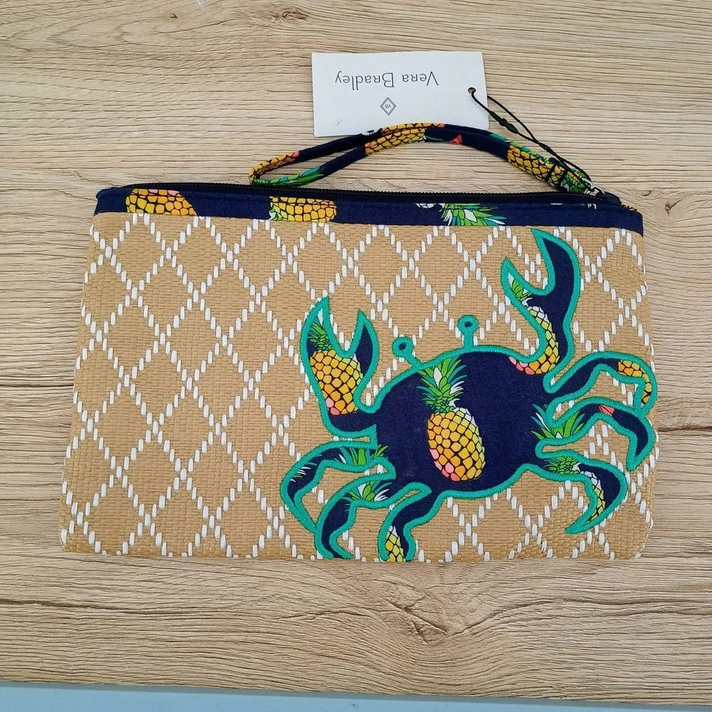 Vera Bradley Wristlet Pouch Beach Toucan Party Crab Pineapple Woven Tan Blue NEW